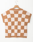 Checker Colorblock Ribbed Trim Sweater Knit Top