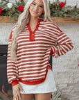 Stripe Buttoned Collared V-Neck Drop Shoulder Top