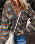 Multicolour Dotty Pattern Knit Button Front V Neck Sweater Cardigan