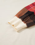 Beige Plus Size Multicolor Plaid Patchwork Sleeve Pullover Top