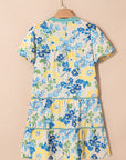 Floral Stripe Trim Puff Short Sleeve Dress