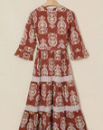 Floral Boho Belted Stripe Trim Tiered Maxi Dress