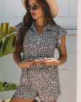 Leopard Half Zipper Collared Ruffled Sleeve Top and Short Set
