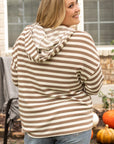Brown Stripe Quarter Buttons Drop Sleeve Plus Size Hoodie