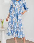 Floral Button-Front 3/4 Sleeve Ruffle Hem Dress