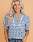 Floral Stripe Contrast Ric-Rac Puff Sleeve Top