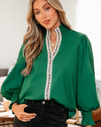 Leopard Trim V-Neck Puffy Flounce Sleeve Blouse