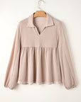 Corded V-Neck Bubble Sleeve Babydoll Blouse