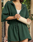 Solid Half-Zip Collar French Terry Drawstring Romper