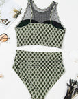 Plaid Dotted Mesh Top & High Waist Bikini Set