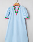 Colorblock Contrast Stripe V-Neck Puff Sleeve Mini Dress