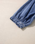 Denim 3/4 Sleeve Ruffle Patch Pocket Blouse