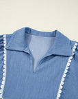 Solid Lace Ric-Rac 3/4 Sleeve Babydoll Blouse