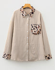 Plus Size Stripe Leopard Chest Pocket Collared Shirt