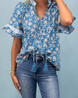 Floral Stripe Trim Tie-Neck Short Sleeve Blouse