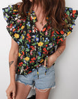 Flower Tiered Flutter Sleeve V-Neck Blouse