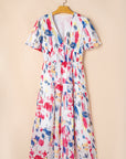 Abstract Short Puff Sleeve Tiered Maxi Dress