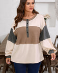 Plus Size Colorblock Waffle Knit Patchwork Half-Button Top