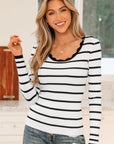 Stripe Scalloped Scoop Neck Ribbed Knit Sweater