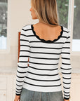 Stripe Scalloped Scoop Neck Ribbed Knit Sweater