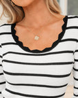 Stripe Scalloped Scoop Neck Ribbed Knit Sweater