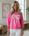 Bow Tie Contrast Stitch 3/4 Sleeve Sweater