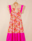 Floral Colorblock Ruffle Short Sleeve Midi Dress