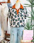 Leopard Buttoned Contrast Collar Short Sleeve Blouse