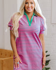 Stripe Collared V-Neck Puff Sleeve T-Shirt Dress
