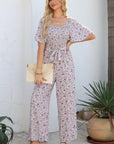 Floral Smocked Short Sleeve Wide Leg Jumpsuit
