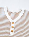 Stripe Button Front V-Neck Knitted T-Shirt