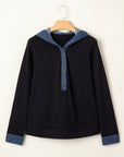 Ribbed Knit Contrast Denim Patchwork Hooded Top