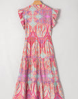 Tribal Paisley Ruffle Sleeve Notch Neck Midi Dress