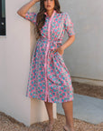 Floral Puff Sleeve Button Front Belted Midi Dress