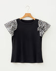 Leopard Contrast Ruffle Short Sleeve Ribbed Top