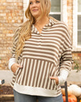 Brown Stripe Quarter Buttons Drop Sleeve Plus Size Hoodie