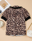 Leopard Lace Trim Short Sleeve Buttoned Shirt