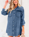 Solid Denim Chest Pocket Raw Hem Shirt Dress