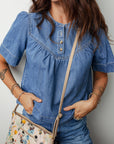 Denim Pleated Half Buttoned Short Sleeve Top