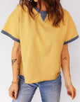 Contrast Trim Raw Hem Short Sleeve Top