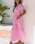 Ella Stripe V Neck Puff Short Sleeve Maxi Dress