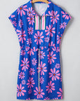 Floral Stripe Quarter-Zip Cap Sleeve Mini Dress