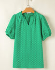 Textured Short Puff Sleeve Notch V-Neck Top