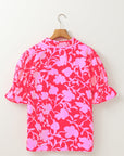 Floral Split V-Neck Ruffle Sleeve Blouse Top