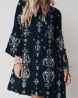 Boho Floral Lettuce Trim 3/4 Sleeve Mini Dress
