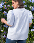 Plus Size Leopard Collar Stripe Bubble Sleeve Blouse