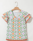 Geometric Floral V-Neck Layered Flutter Sleeve Blouse