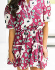 Floral Short Puff Sleeve Belted Mini Dress