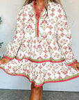 Floral Contrast Trim Frilled Neck Dress