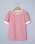 Stripe Contrast Trim Round Neck Puff Sleeve T-Shirt